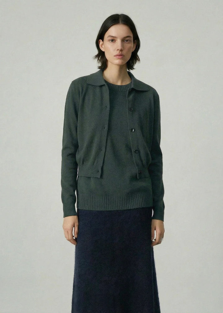 491 Cashmere Blend Collared Cardi (Kale)
