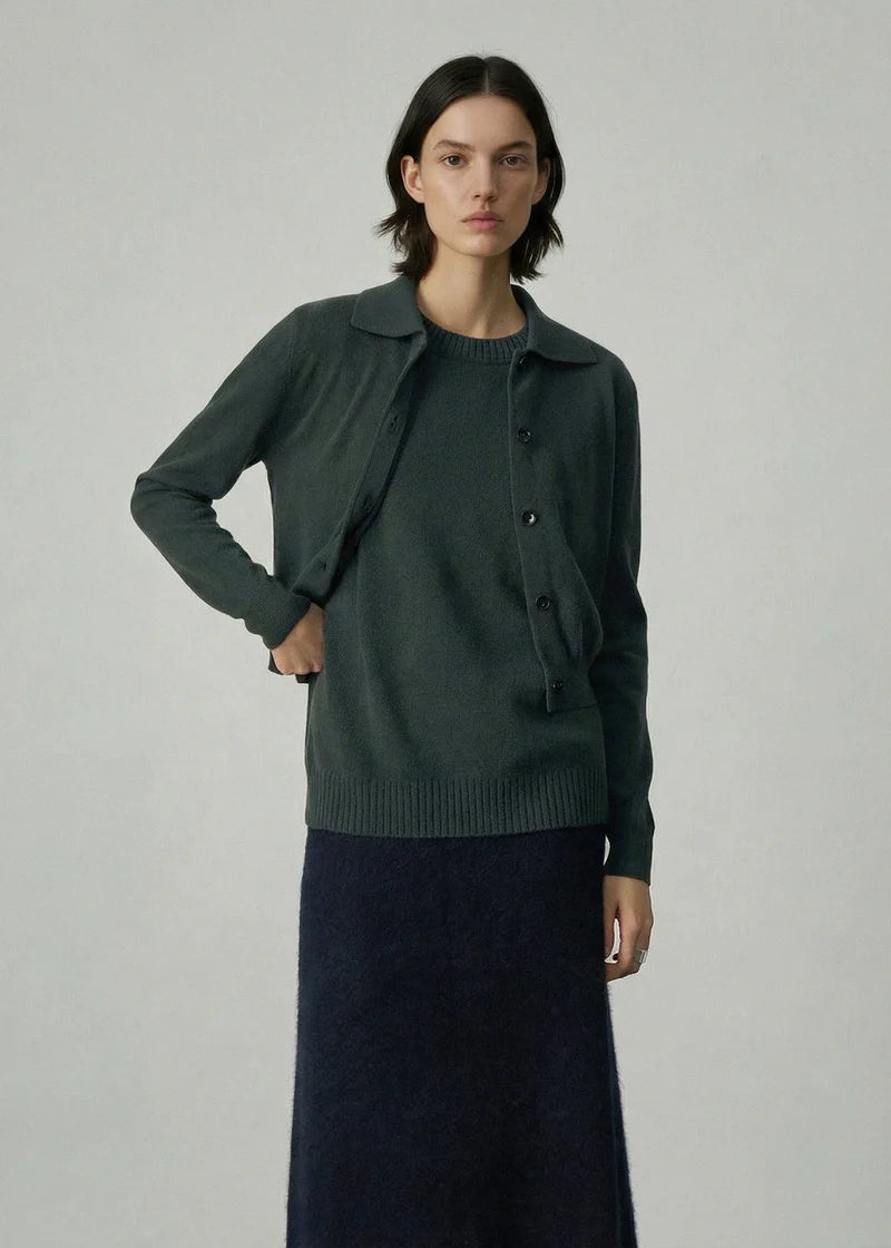 491 Cashmere Blend Collared Cardi (Kale)