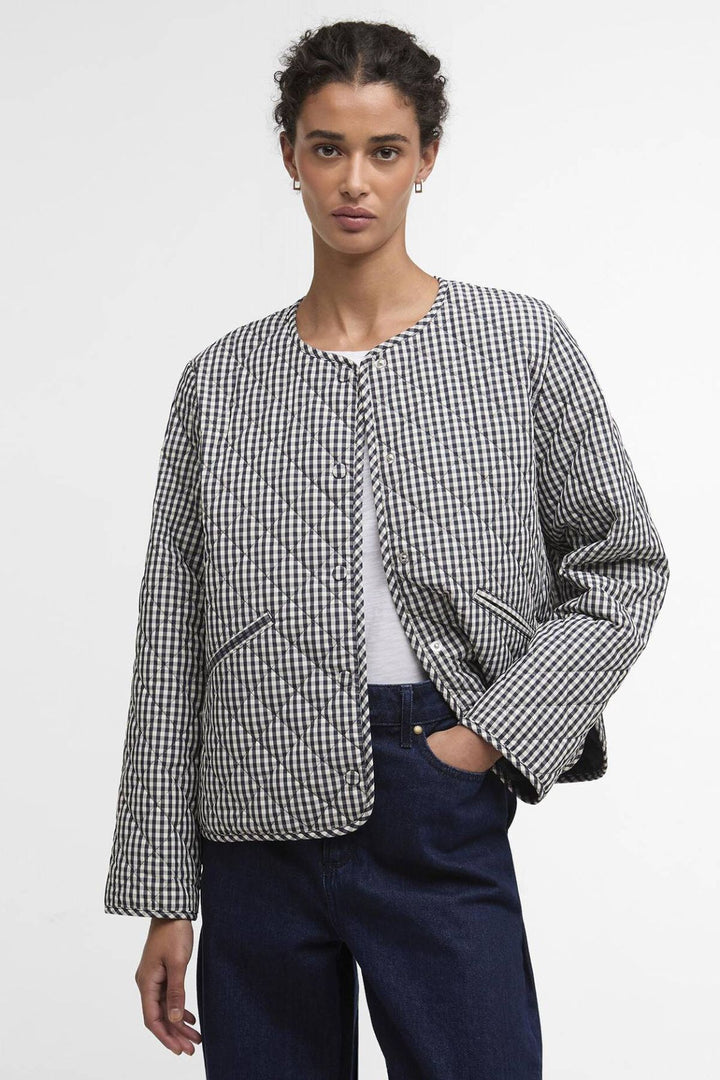 Cashel Check Collarless Quilted Jacket (Navy  Gingham/Dark  Navy)