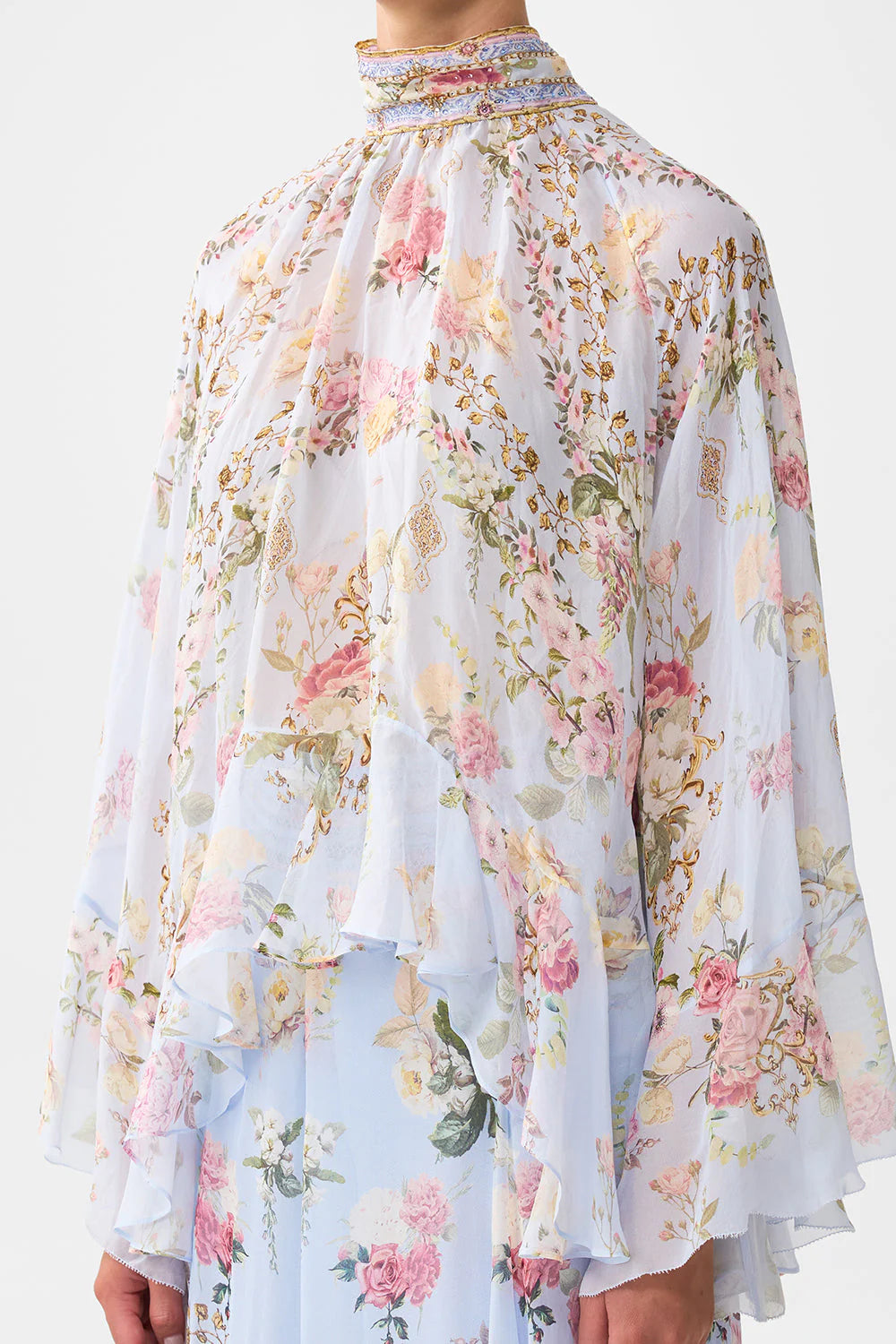 COLLARED LONG SLEEVE TOP WITH RUFFLES (TILED IN TIME)
