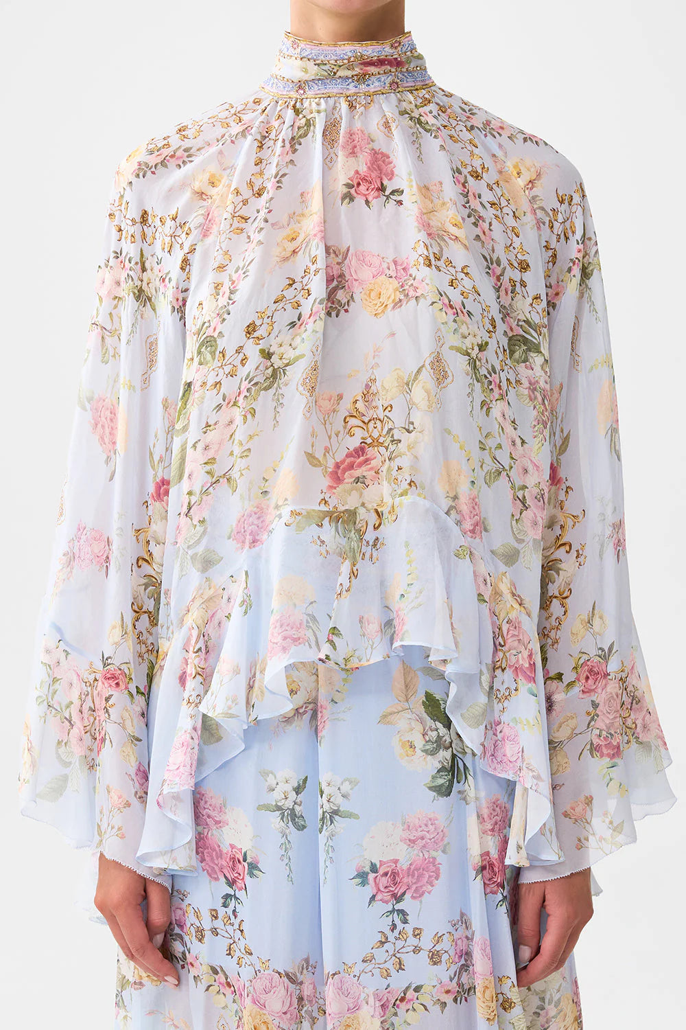 COLLARED LONG SLEEVE TOP WITH RUFFLES (TILED IN TIME)