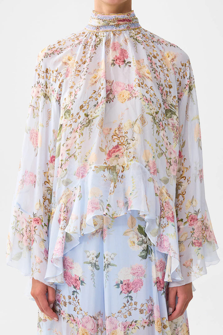 COLLARED LONG SLEEVE TOP WITH RUFFLES (TILED IN TIME)