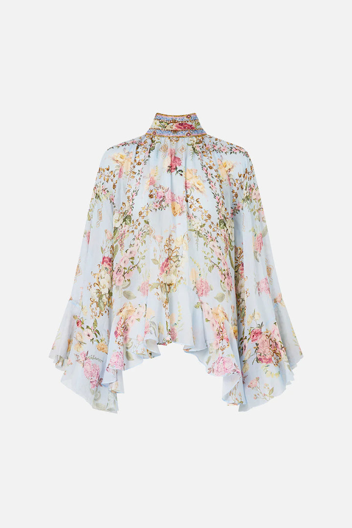 COLLARED LONG SLEEVE TOP WITH RUFFLES (TILED IN TIME)