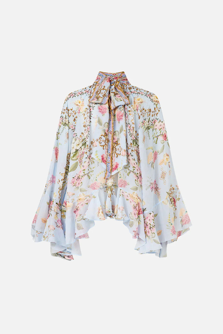 COLLARED LONG SLEEVE TOP WITH RUFFLES (TILED IN TIME)