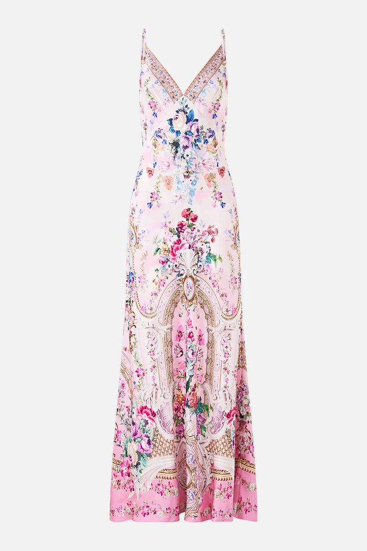 V-neck long bias slip dress with train (Palatial Pastels)