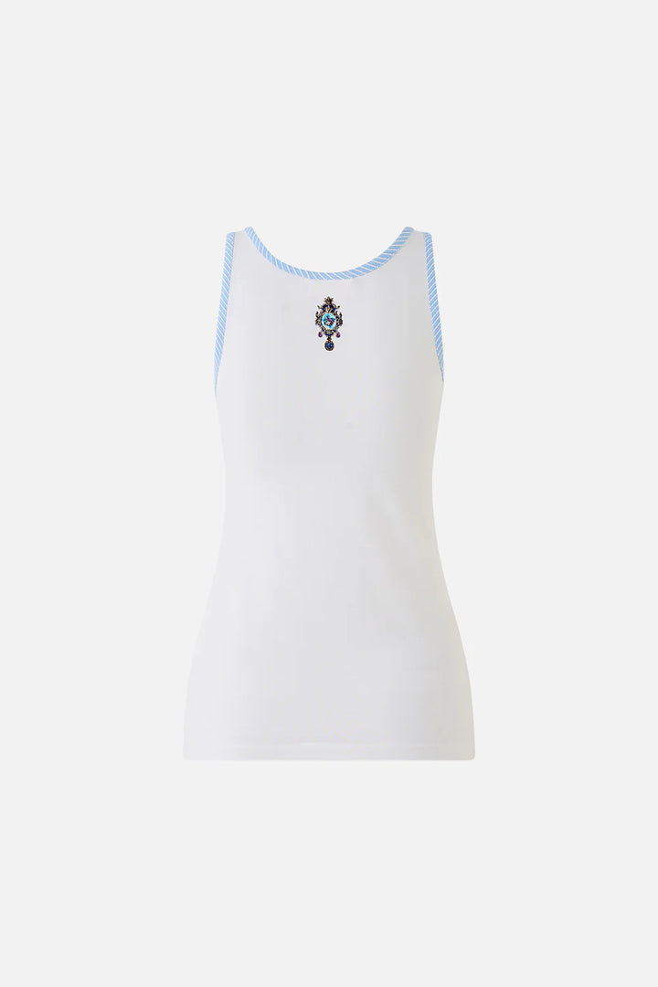 jersey scoop neck tank top - white/blue (Ottoman Opulence)