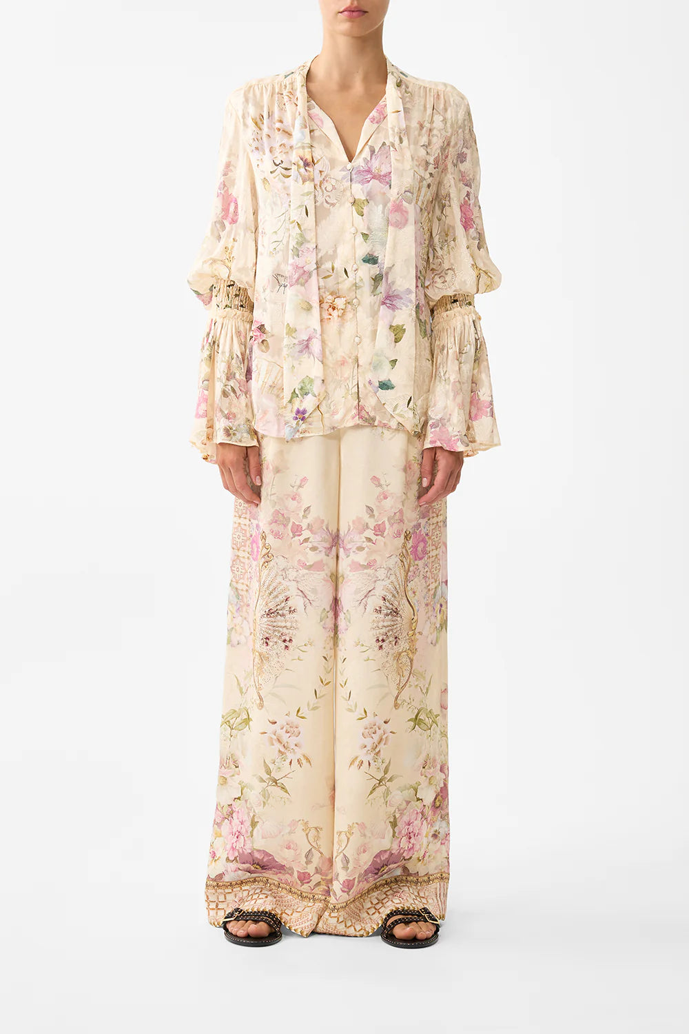 Elastic Sleeve Tie Front Blouse (Adorned in Aranjuez)