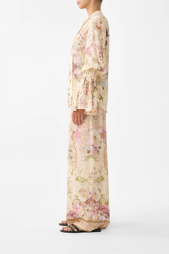 Elastic Sleeve Tie Front Blouse (Adorned in Aranjuez)
