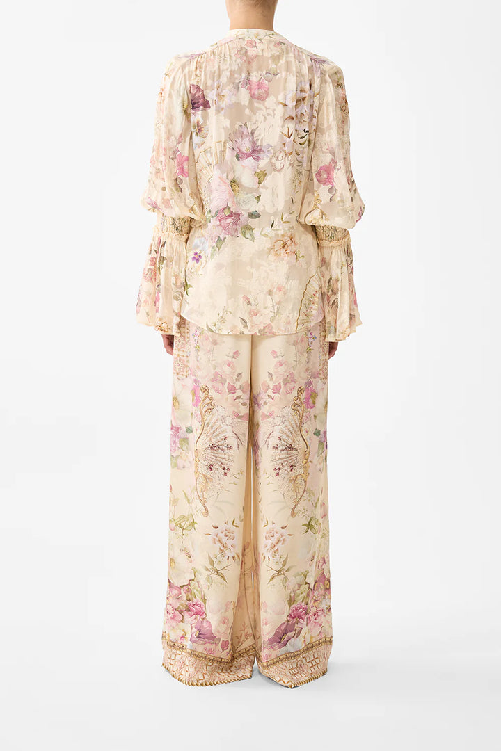 Elastic Sleeve Tie Front Blouse (Adorned in Aranjuez)