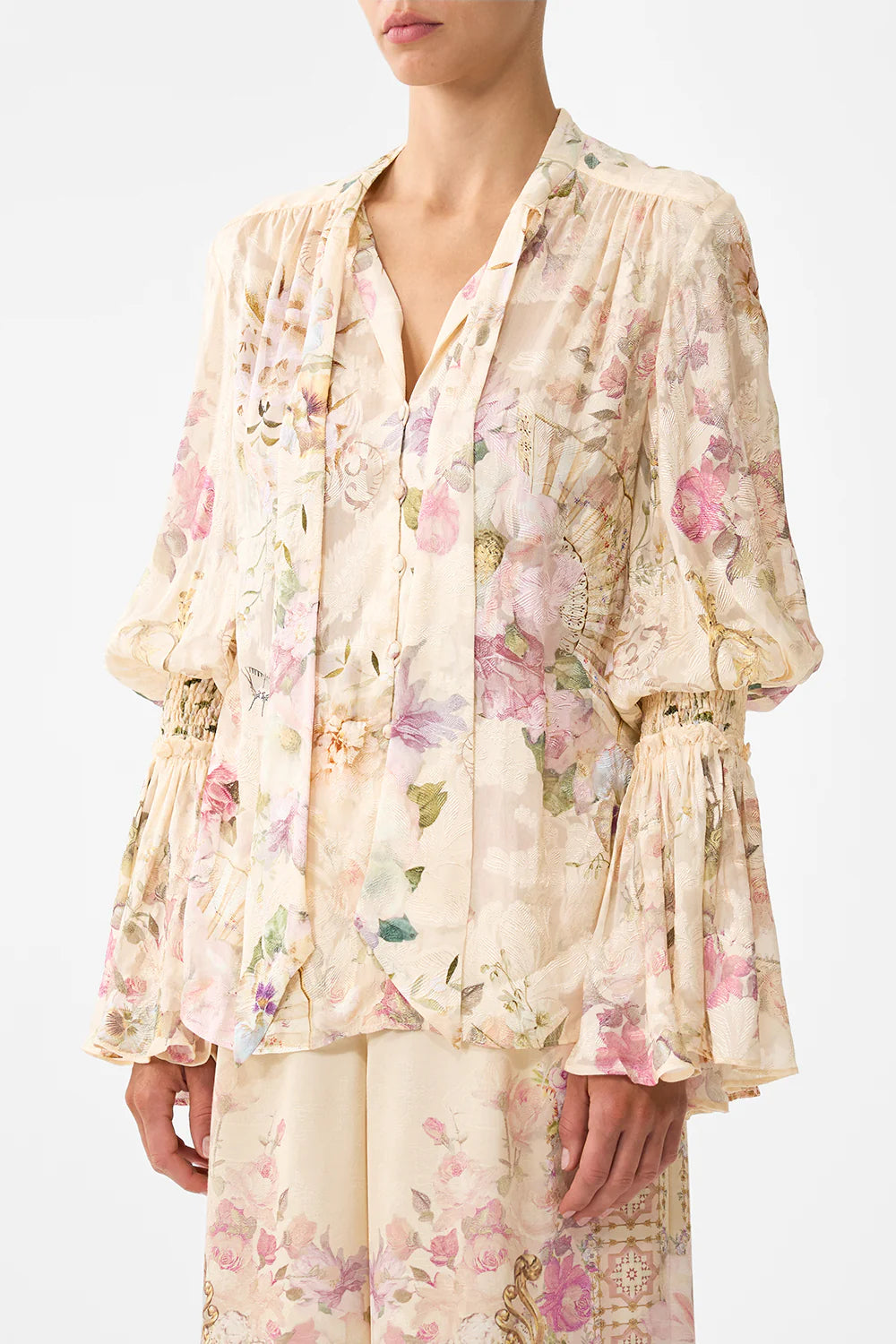 Elastic Sleeve Tie Front Blouse (Adorned in Aranjuez)