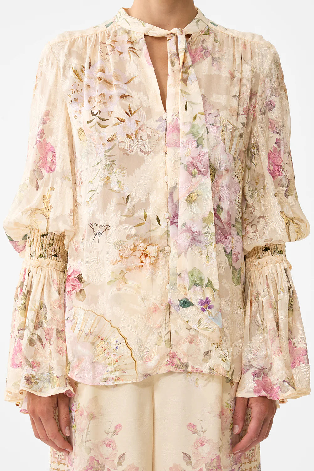 Elastic Sleeve Tie Front Blouse (Adorned in Aranjuez)