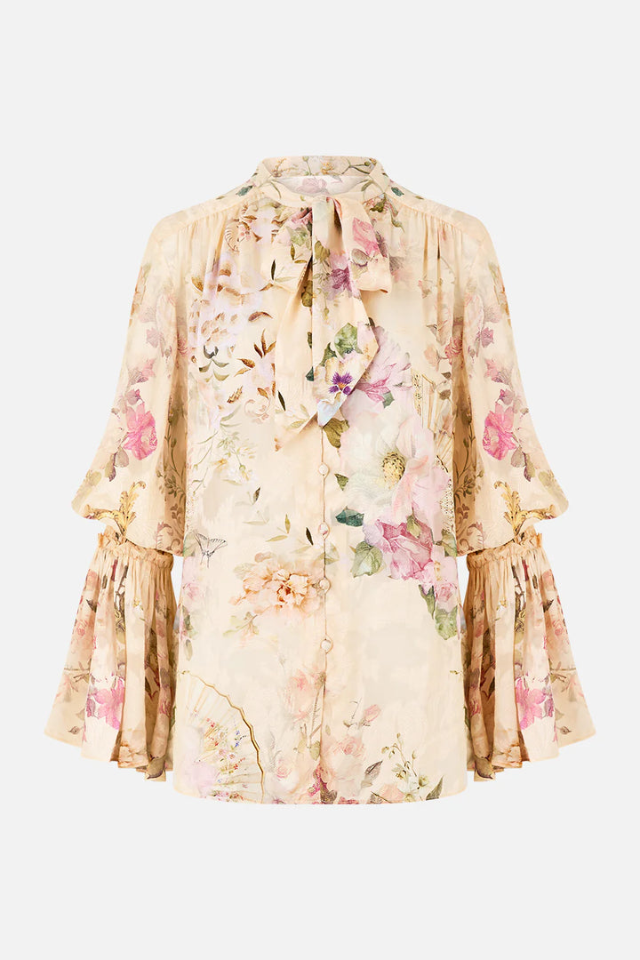 Elastic Sleeve Tie Front Blouse (Adorned in Aranjuez)