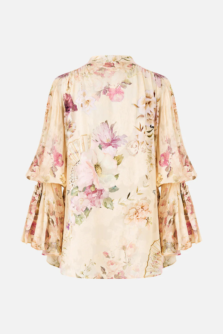 Elastic Sleeve Tie Front Blouse (Adorned in Aranjuez)