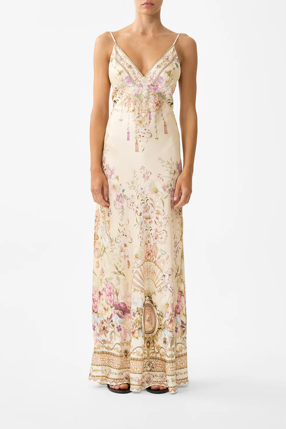 V NECK FULL LENGTH BIAS SLIP DRESS (Adorned in Aranjuez)