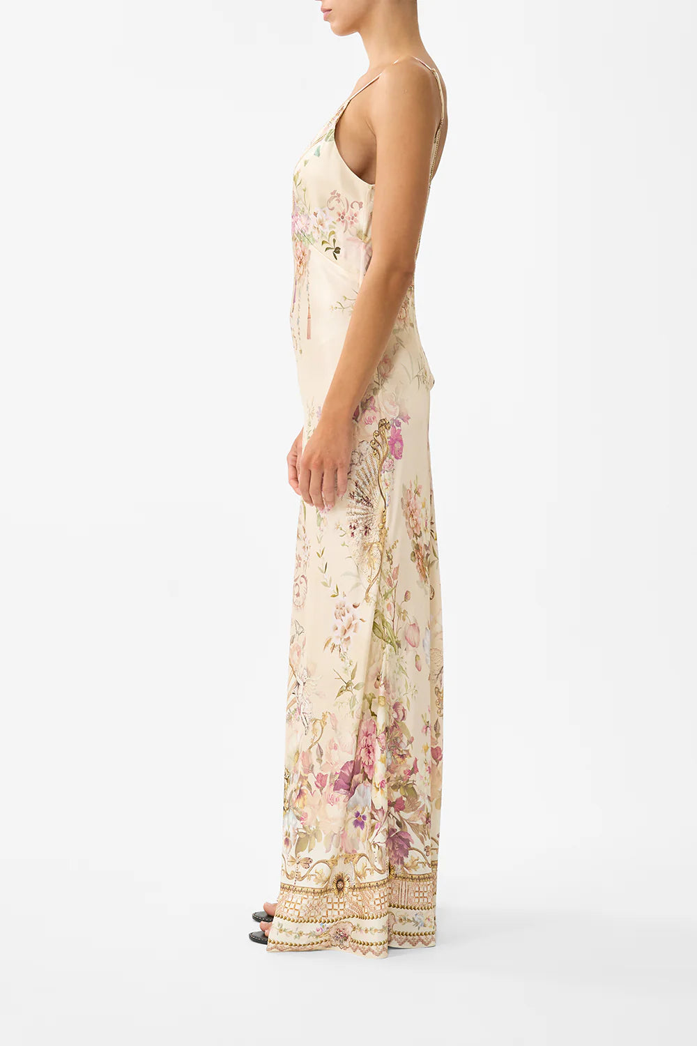 V NECK FULL LENGTH BIAS SLIP DRESS (Adorned in Aranjuez)