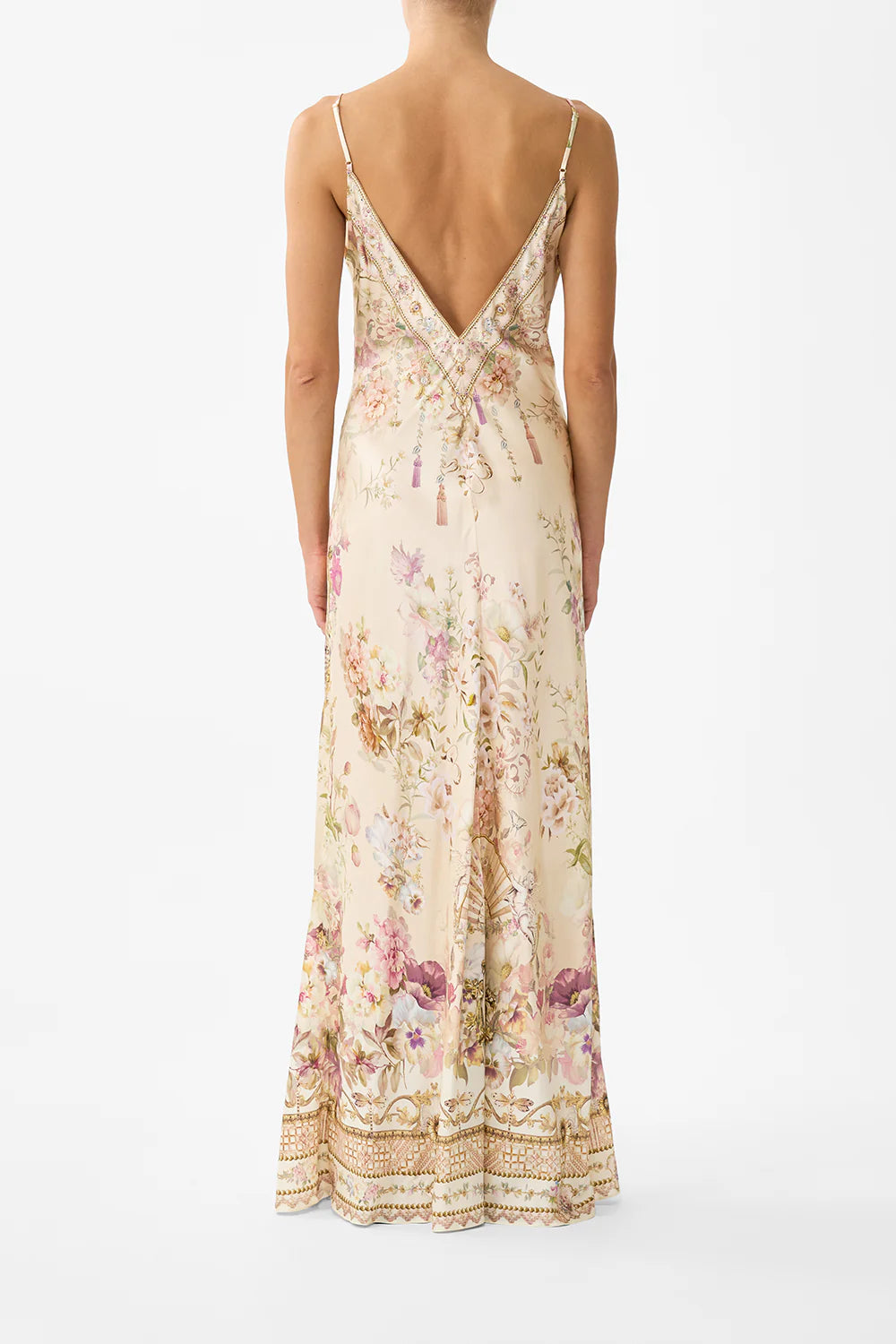V NECK FULL LENGTH BIAS SLIP DRESS (Adorned in Aranjuez)