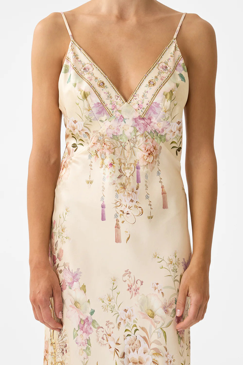 V NECK FULL LENGTH BIAS SLIP DRESS (Adorned in Aranjuez)