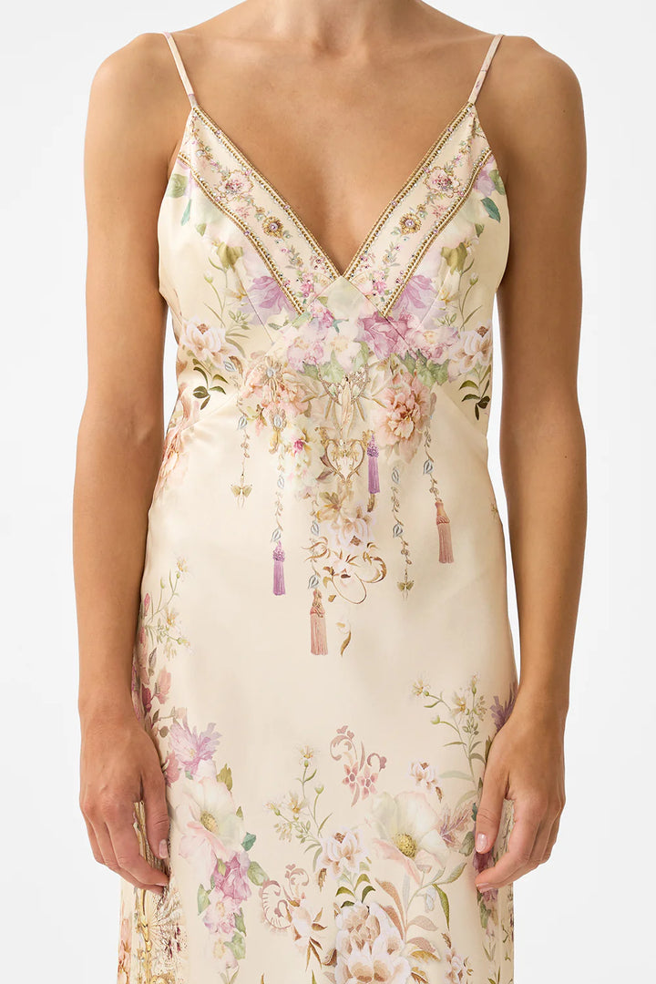 V NECK FULL LENGTH BIAS SLIP DRESS (Adorned in Aranjuez)