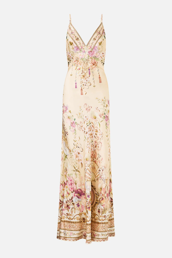 V NECK FULL LENGTH BIAS SLIP DRESS (Adorned in Aranjuez)
