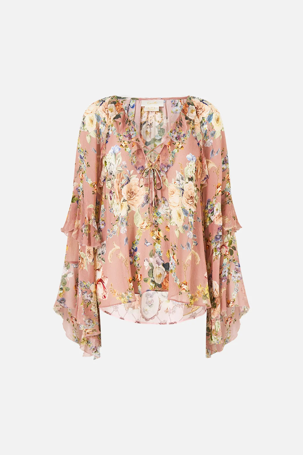 Lace Up V Neck Blouse With Cascade Ruffles (Chamber of Blooms)