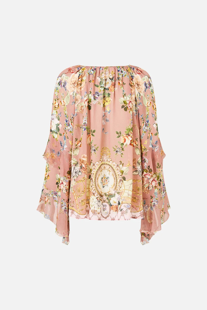Lace Up V Neck Blouse With Cascade Ruffles (Chamber of Blooms)