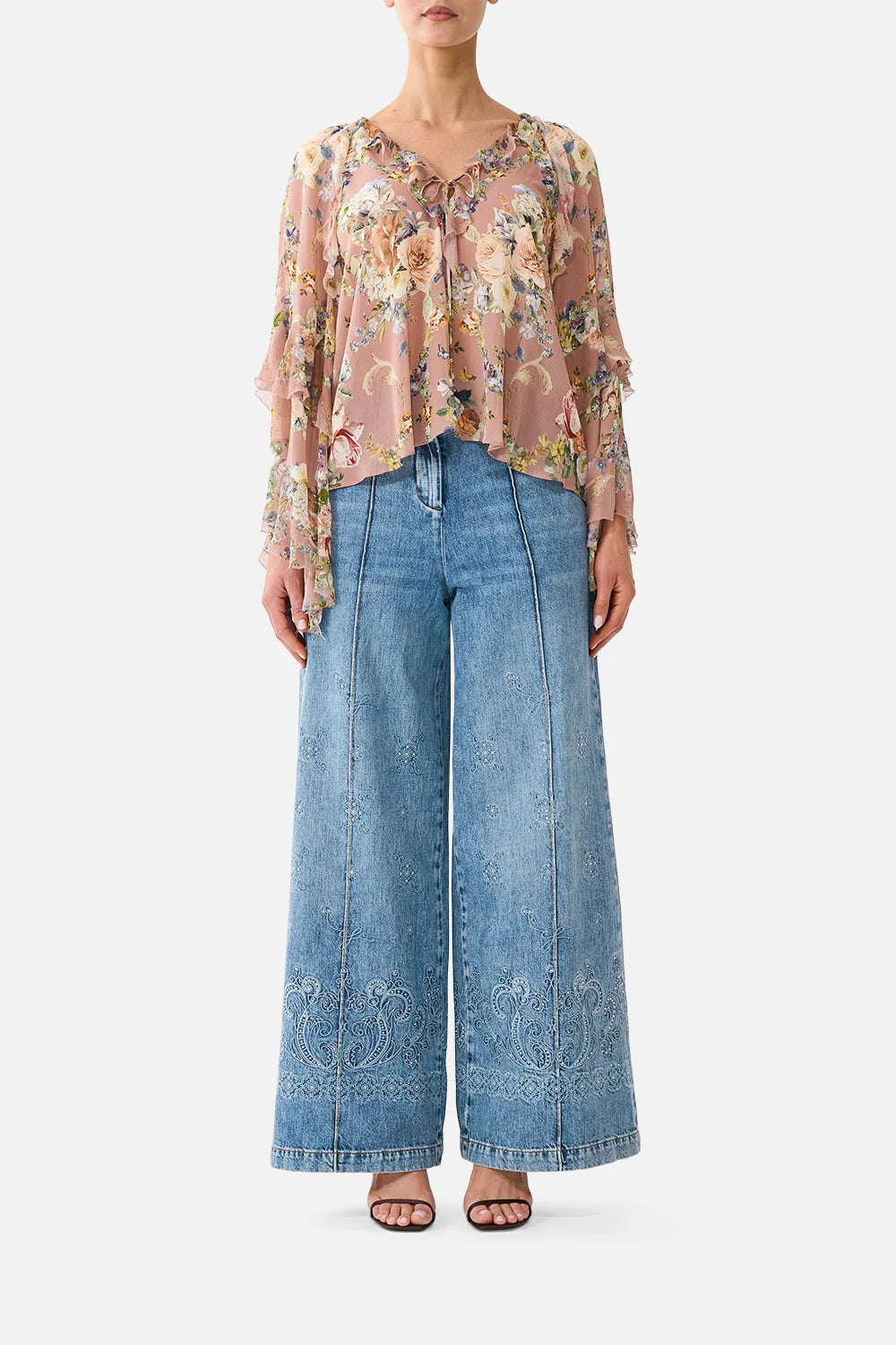 Lace Up V Neck Blouse With Cascade Ruffles (Chamber of Blooms)
