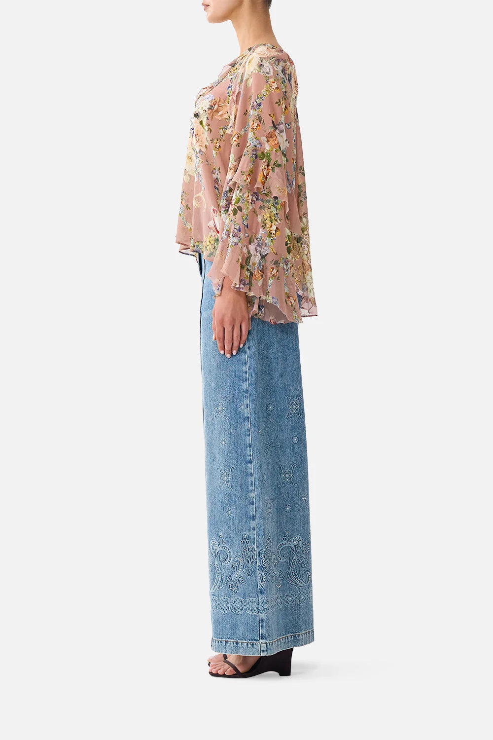 Lace Up V Neck Blouse With Cascade Ruffles (Chamber of Blooms)