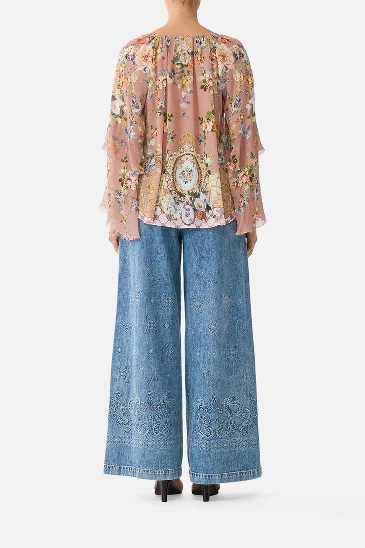 Lace Up V Neck Blouse With Cascade Ruffles (Chamber of Blooms)