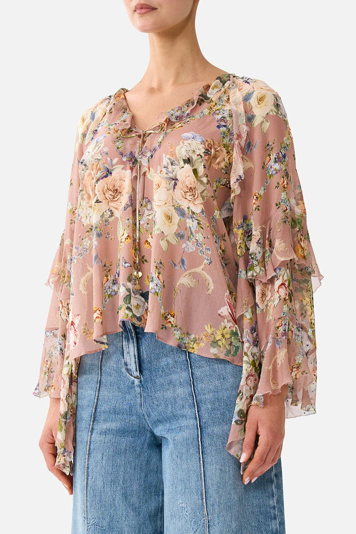 Lace Up V Neck Blouse With Cascade Ruffles (Chamber of Blooms)
