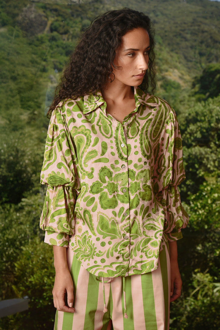 Pleat and greet top (Blush / Green Floral)