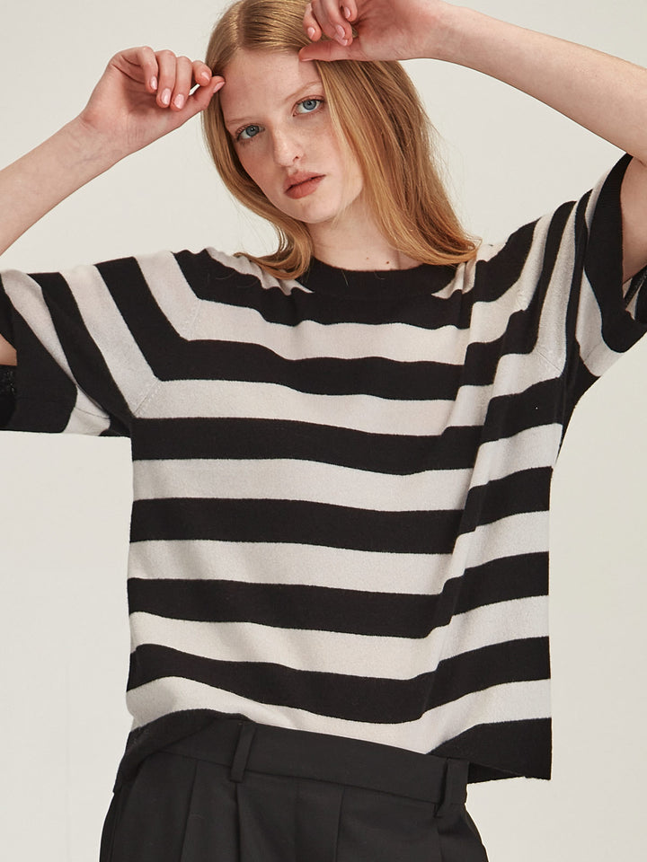 Emi Striped Cashmere Tee (Black/Vapour)