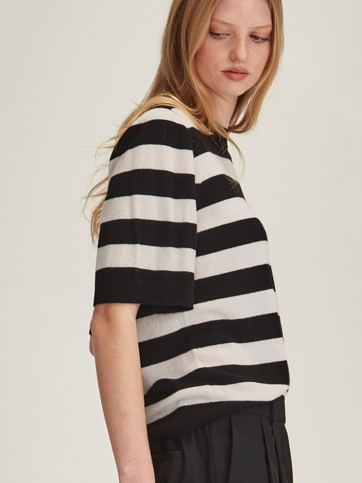 Emi Striped Cashmere Tee (Black/Vapour)