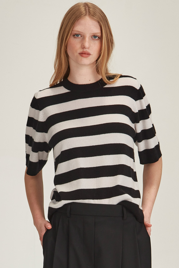 Emi Striped Cashmere Tee (Black/Vapour)