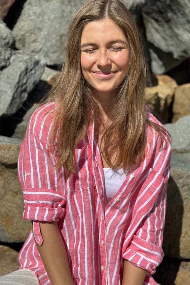 The Boyfriend Shirt (Raspberry Stripe)