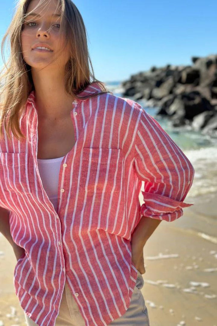 The Boyfriend Shirt (Raspberry Stripe)